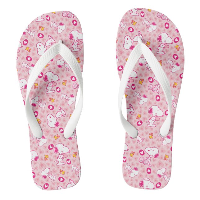 Snoopy & Woodstock Pink Hearts Pattern Flip Flops (Footbed)
