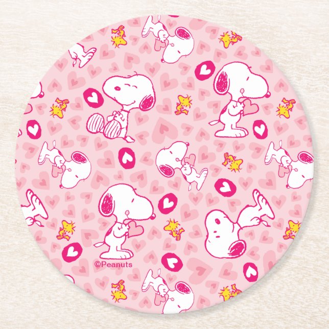 Snoopy & Woodstock Pink Hearts Pattern Round Paper Coaster (Front)