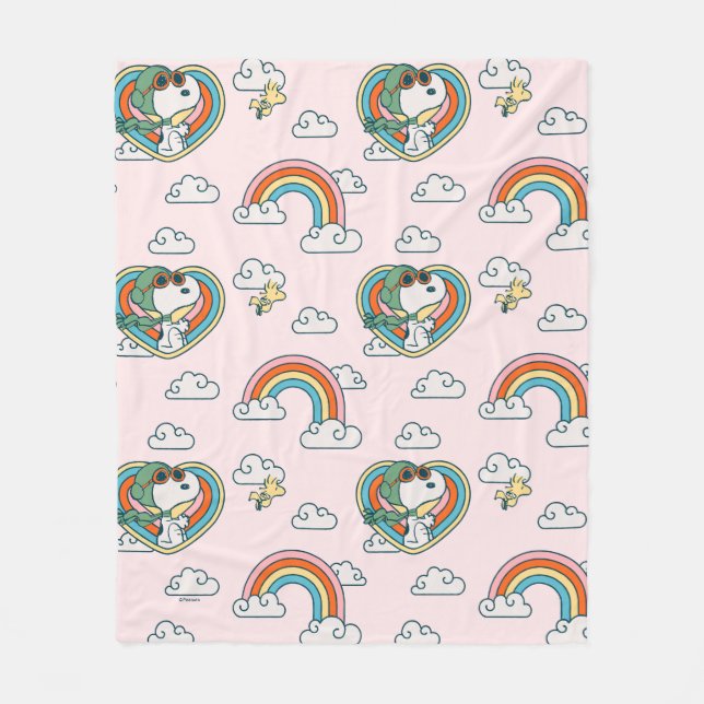 Snoopy & Woodstock Rainbow Heart Pattern Fleece Blanket (Front)