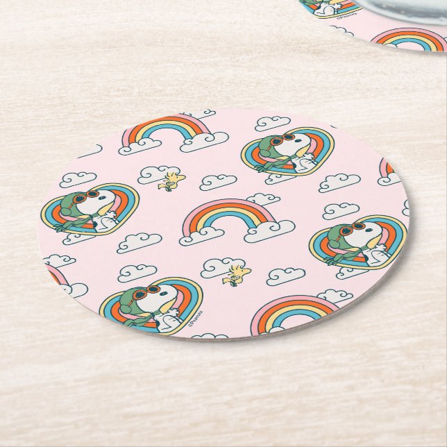Snoopy & Woodstock Rainbow Heart Pattern Round Paper Coaster (Angled)