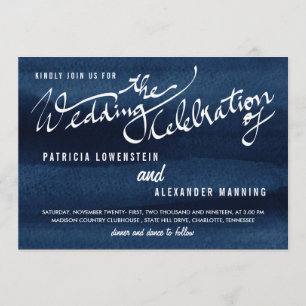 Snorkel Blue Watercolor Modern Wedding Typography Invitation
