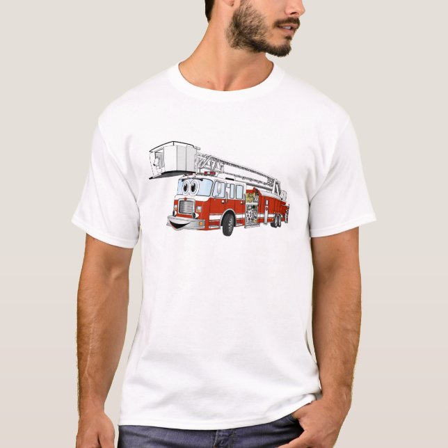 Snorkel Hook and Ladder Fire Truck Cartoon T-Shirt (Front)