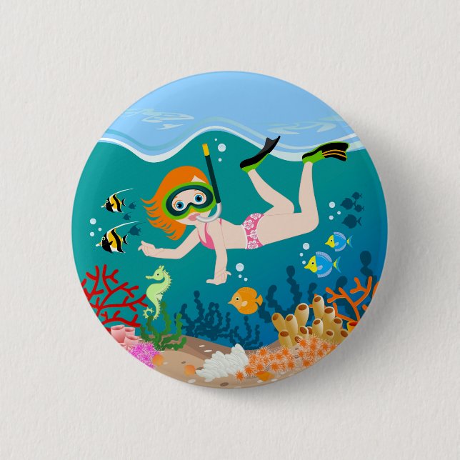 Snorkeling girl under the sea  6 cm round badge (Front)