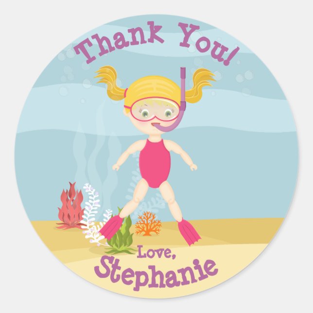 Snorkelling Girl Beach Party Classic Round Sticker (Front)