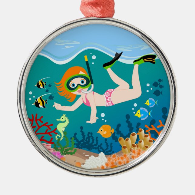 Snorkelling girl under the sea  metal tree decoration (Front)