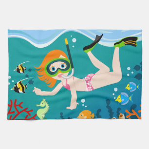 Snorkelling girl under the sea  tea towel