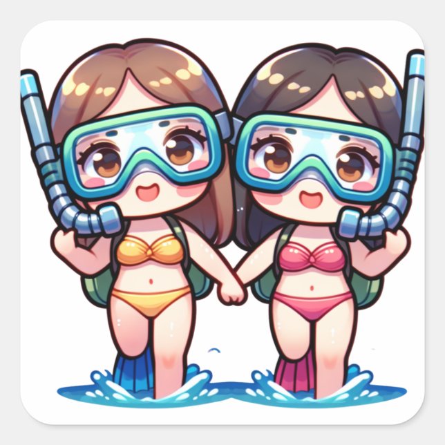 Snorkelling Girls Square Sticker (Front)