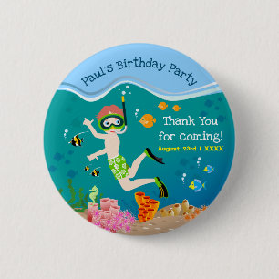 Snorkelling with tropical fish boy birthday party 6 cm round badge
