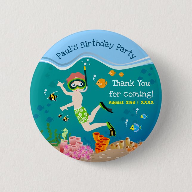 Snorkelling with tropical fish boy birthday party 6 cm round badge (Front)
