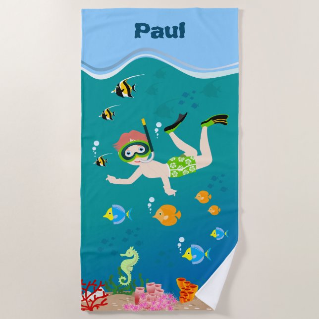 Snorkelling with tropical fish boy birthday party beach towel (Front)