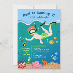 Snorkelling with tropical fish boy birthday party invitation