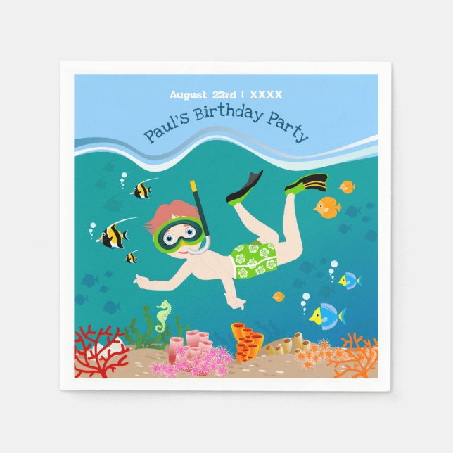 Snorkelling with tropical fish boy birthday party napkin (Front)