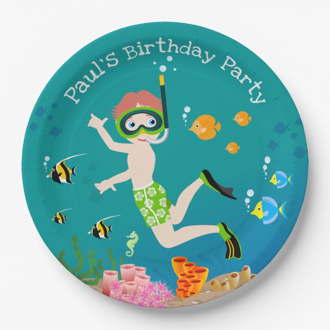 Snorkelling with tropical fish boy birthday party paper plate (Front)