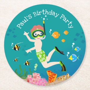 Snorkelling with tropical fish boy birthday party round paper coaster