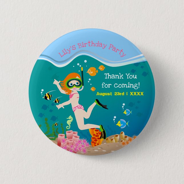 Snorkelling with tropical fish girl Birthday Party 6 Cm Round Badge (Front)