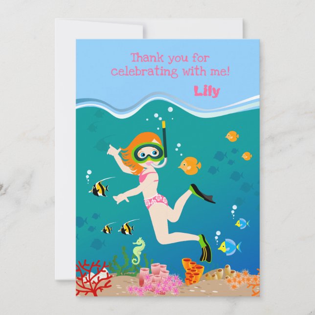 Snorkelling with tropical fish girl Birthday Party Thank You Card (Front)