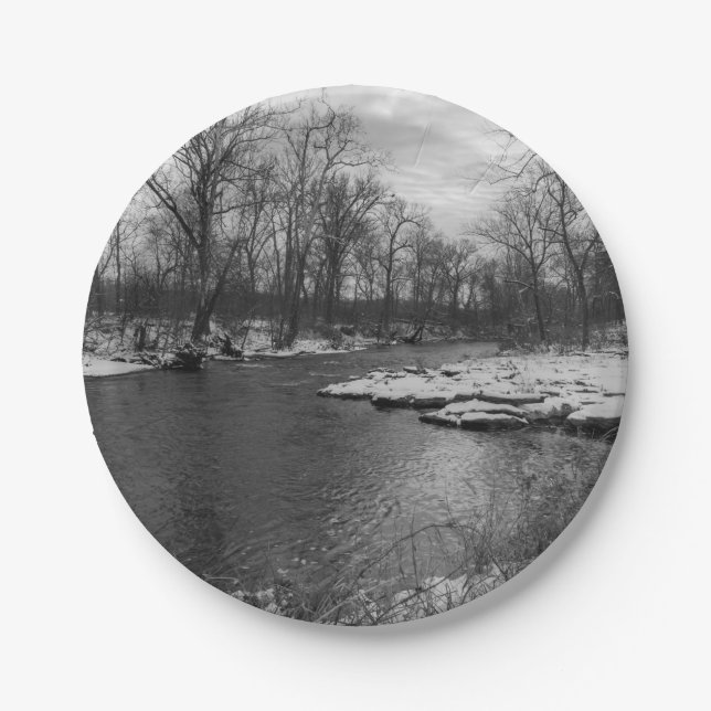 Snow Along James River Grayscale Paper Plate (Front)