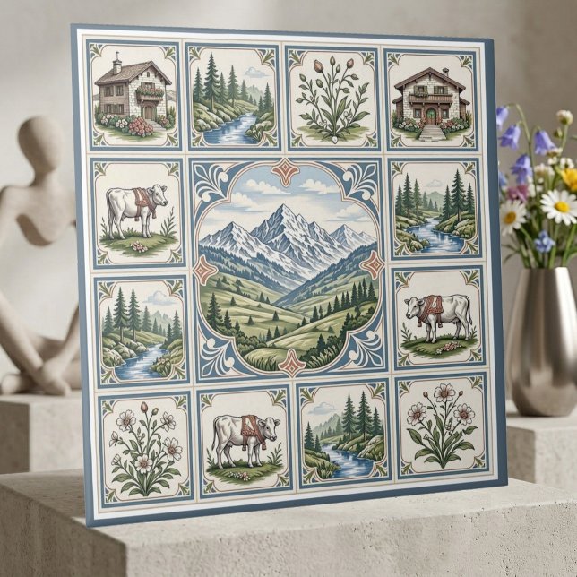 Snow Alpine Rolling Meadows Cows Rustic Chalet Art Tile (Snow Alpine Rolling Meadows Cows Rustic Chalet Art Ceramic Tile)
