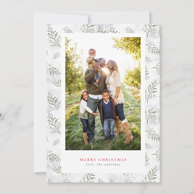 Snow and Leaves Green and White Frame Photo Holiday Card (Front)