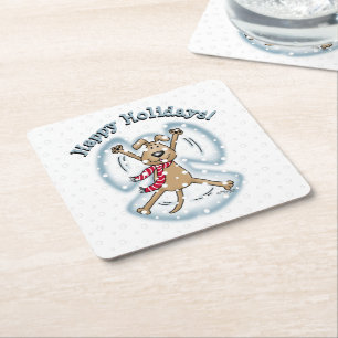 Snow Angel Dog Fun Cute Christmas Holiday Funny Square Paper Coaster