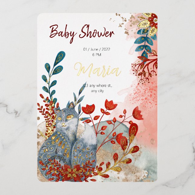 Snow animals fox  flowers for babyshower gold foil (Front)