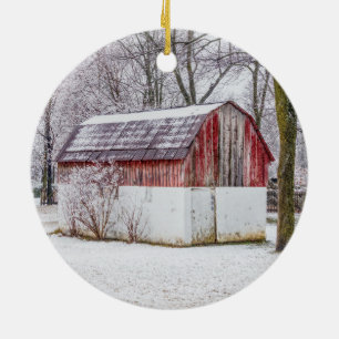 Snow At The Red Barn Ceramic Tree Decoration