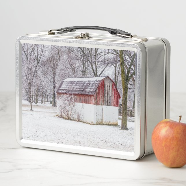 Snow At The Red Barn Metal Lunch Box (In Situ)
