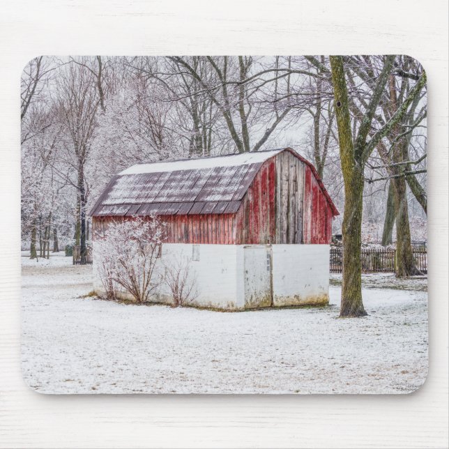 Snow At The Red Barn Mouse Mat (Front)