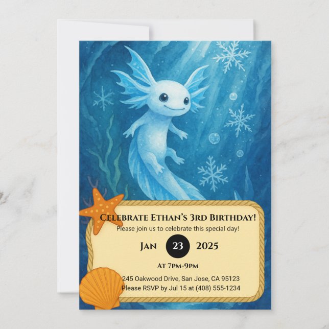 Snow Axolotl in Ice Kingdom Birthday  Invitation (Front)