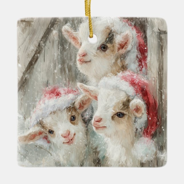 Snow Babies Christmas Goats 8 - YOUR PHOTO Ceramic Ornament (Front)