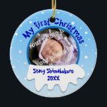 Snow Babys First Christmas Custom Photo Ornament<br><div class="desc">This custom photo Christmas ornament has a circular area where you can put your baby's picture. The ornament says, "My first Christmas." Below it, there is a pile of snow, and you can add your custom name and the year to personalise it. This makes a lovely keepsake ornament that you...</div>