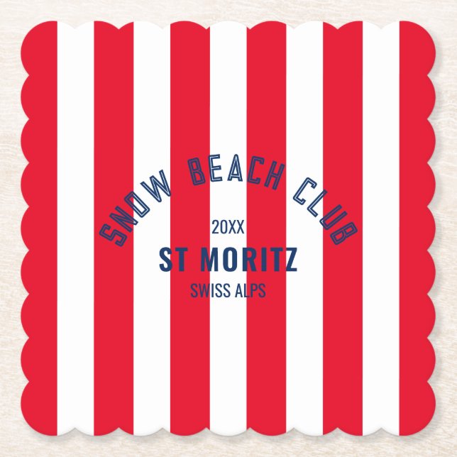 Snow Beach Club Red Cabana Stripe Destination Paper Coaster (Front)