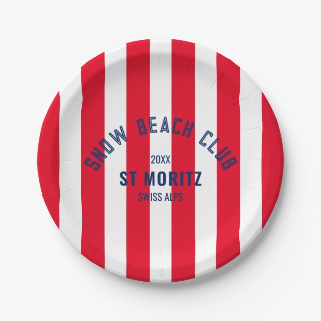 Snow Beach Club Red Cabana Stripe Winter Paper Plate (Front)