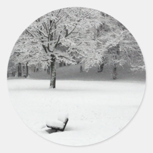 Snow bench and trees classic round sticker
