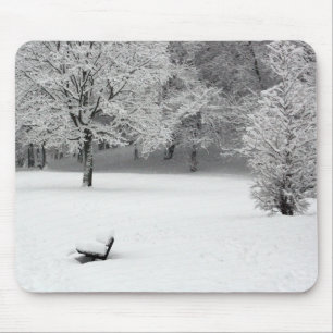 Snow bench and trees mouse mat