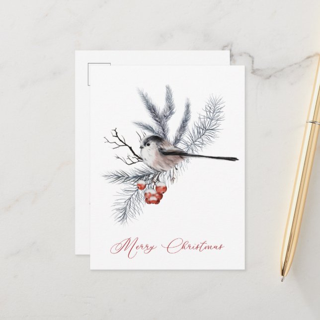 Snow Bird, Pine, Red Berries Christmas Holiday Postcard (Front/Back In Situ)