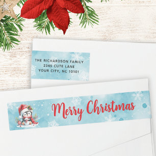 Snow Blue and Red Penguin Merry Christmas Address Wrap Around Label