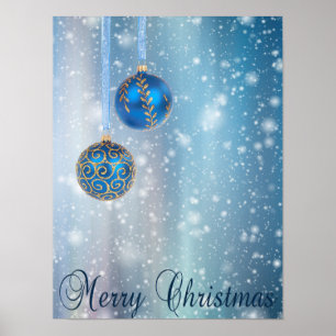 Snow Blue Bokeh Ornaments Christmas Poster