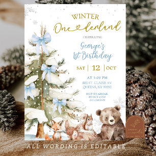 Snow Blue Winter Onederland First Birthday Invitation