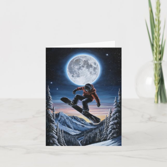 Snow Boarding On Full Moon Blank Card (Front)