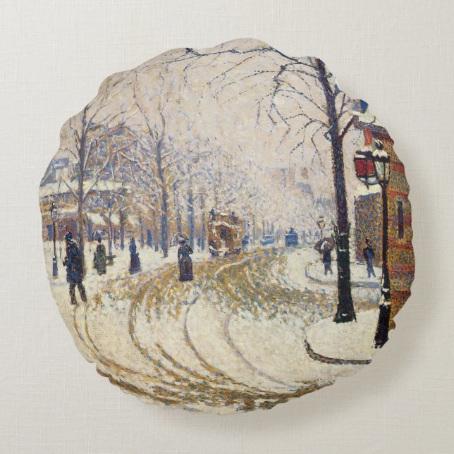 Snow, Boulevard de Clichy, Paris by Paul Signac Round Cushion (Back)
