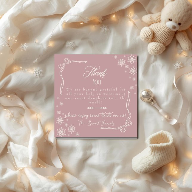 Snow Bow pink baby Labour  Delivery NICU Hospital  Thank You Card (Snow Bow pink baby Labor Delivery NICU Hospital Thank You Card)