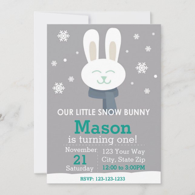 Snow Bunny Birthday Invitation (green) (Front)