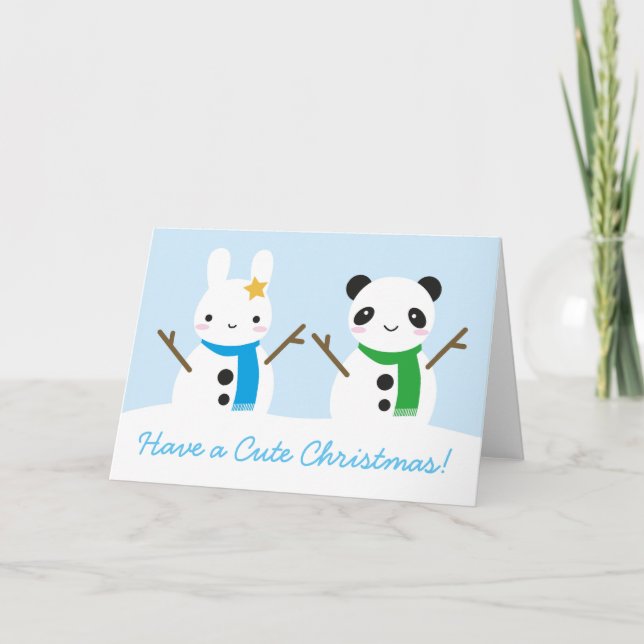 Snow Bunny & Snow Panda Cute Christmas Holiday Card (Front)