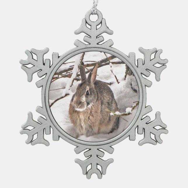 Snow Bunny Snowflake Pewter Christmas Ornament (Front)