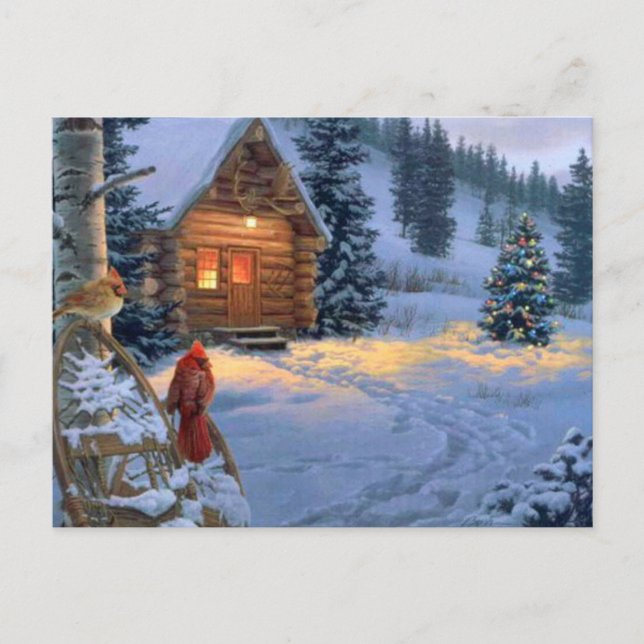Snow Cabin With Christmas Birds Holiday Postcard (Front)