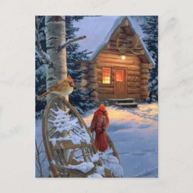 Snow Cabin With Christmas Birds Holiday Postcard (Front)