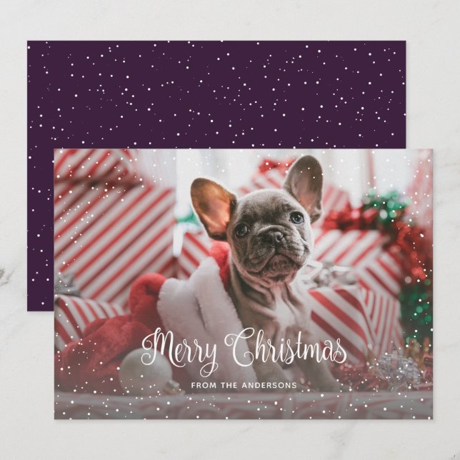 Snow Calligraphy Purple Photo Merry Christmas Card (Front/Back)