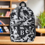 Snow Camo Personalised Modern Monogram Camouflage Printed Backpack<br><div class="desc">Introducing our modern and trendy camo backpack, perfect for kids, students, hikers, and day trippers! This cool backpack features a snow camo pattern with shades of black, white and grey, giving it a military-inspired look that is sure to turn heads. The camo design is not only stylish, but also functional,...</div>