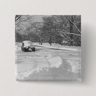 Snow capped car on street B&W 15 Cm Square Badge
